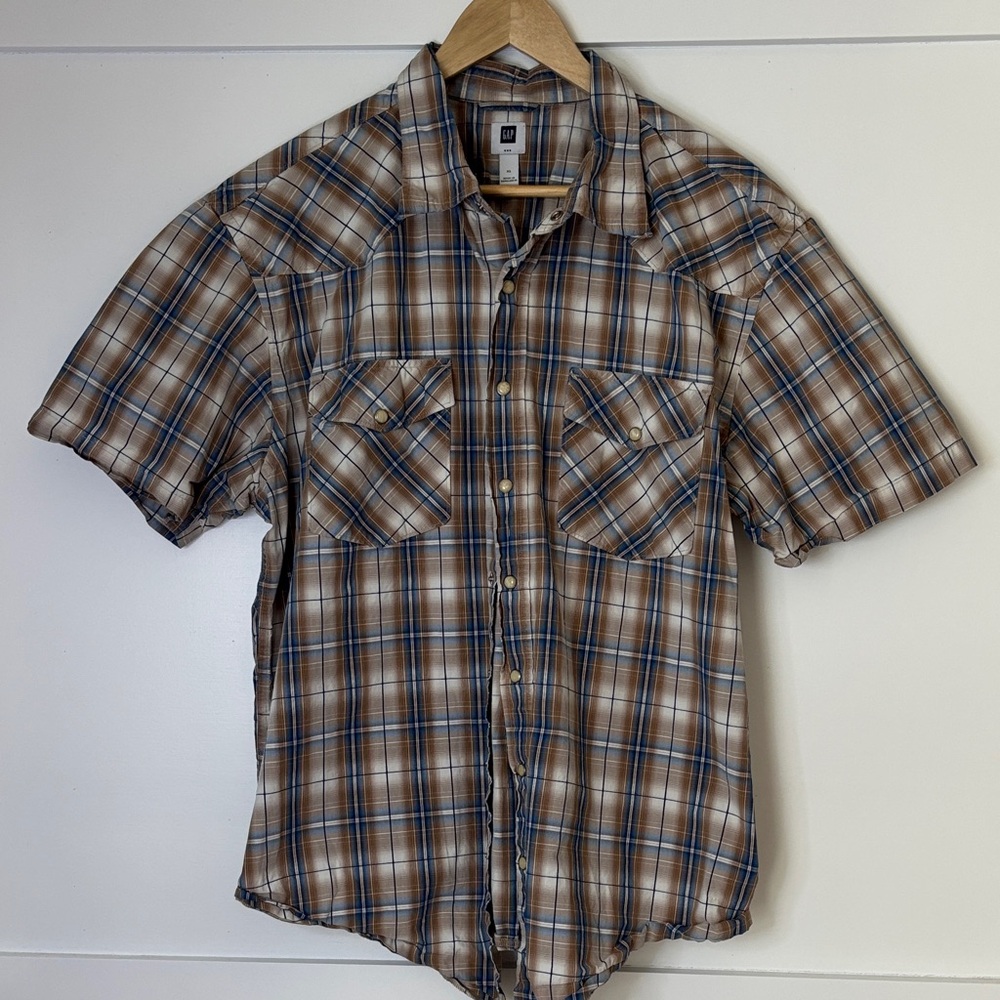 GAP Men's Brown and Blue Plaid Button Down Shirt size XL